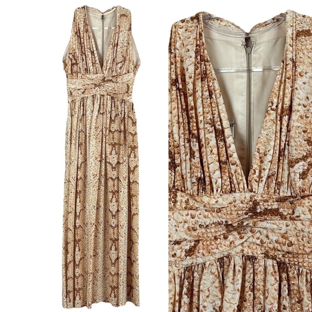 Romantica Victor Costa Snake Print Halter Long Cocktail Dress Tan Gold Size 8